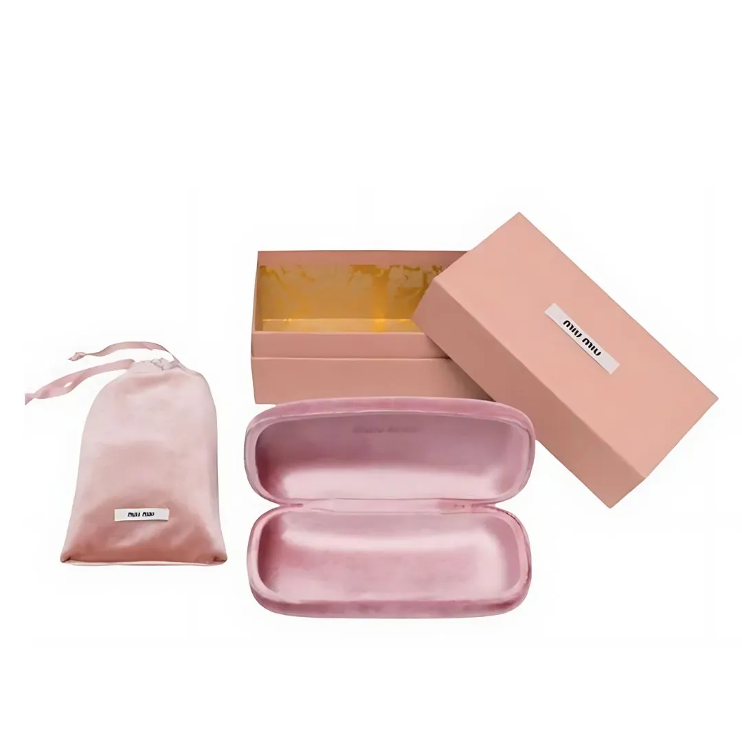 Designer eyewear case, cleaning pouch and branded gift box